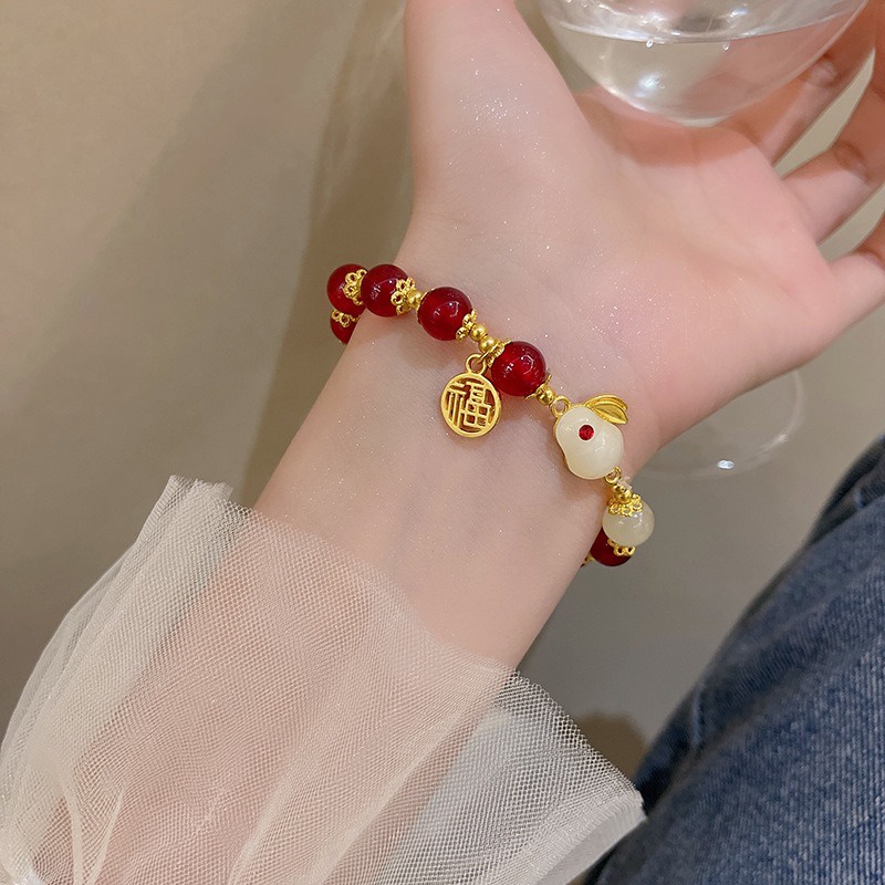 สร้อยข้อมือ ประดับลูกปัดหยก รูปกระต่ายนําโชค สไตล์จีนวินเทจ สําหรับผู้หญิง และคู่รัก