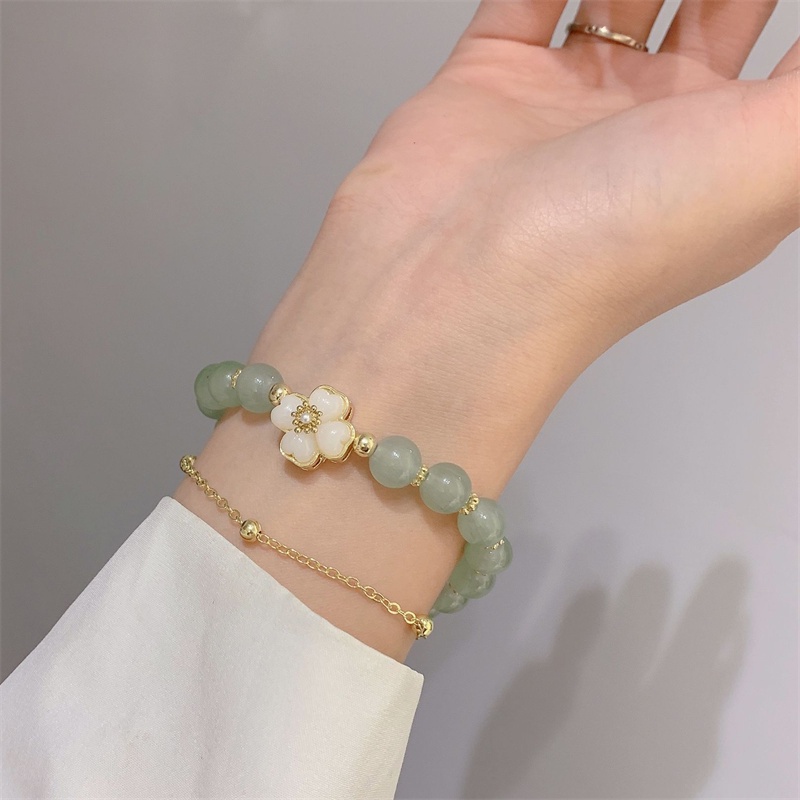 สร้อยข้อมือ ประดับลูกปัดหยกธรรมชาติ ลายดอกไม้ สองชั้น สําหรับผู้หญิง
