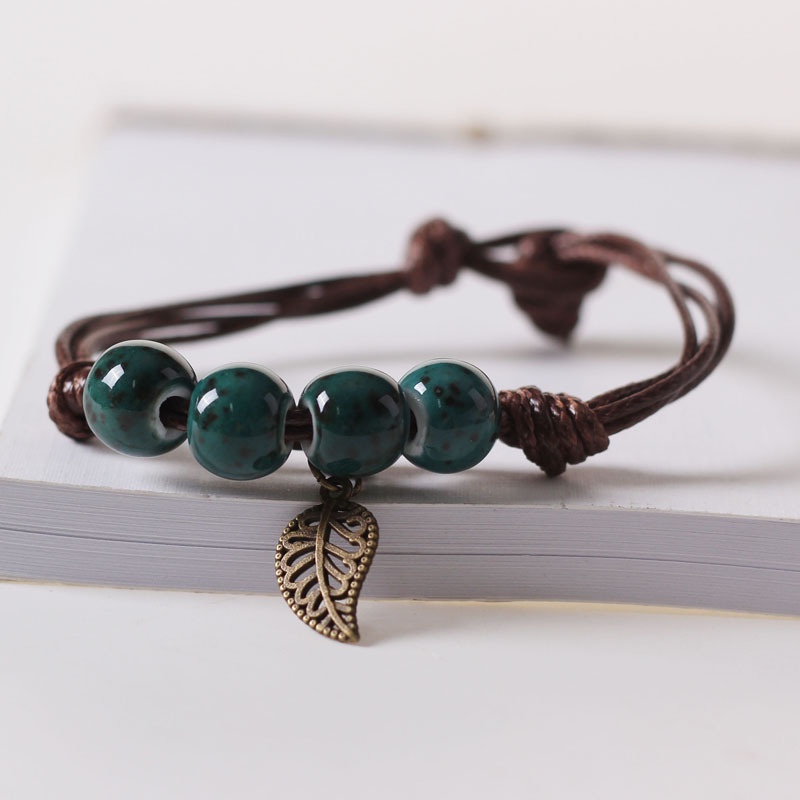 สร้อยข้อมือ เชือกถักเซรามิค ประดับลูกปัดพอร์ซเลน สีสันสดใส สไตล์ชนเผ่า สําหรับผู้หญิง