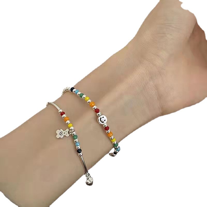 สร้อยข้อมือสร้อยข้อมือแหวนสร้อยข้อมือลูกปัดสีหน้ายิ้มสไตล์วินเทจ Boho