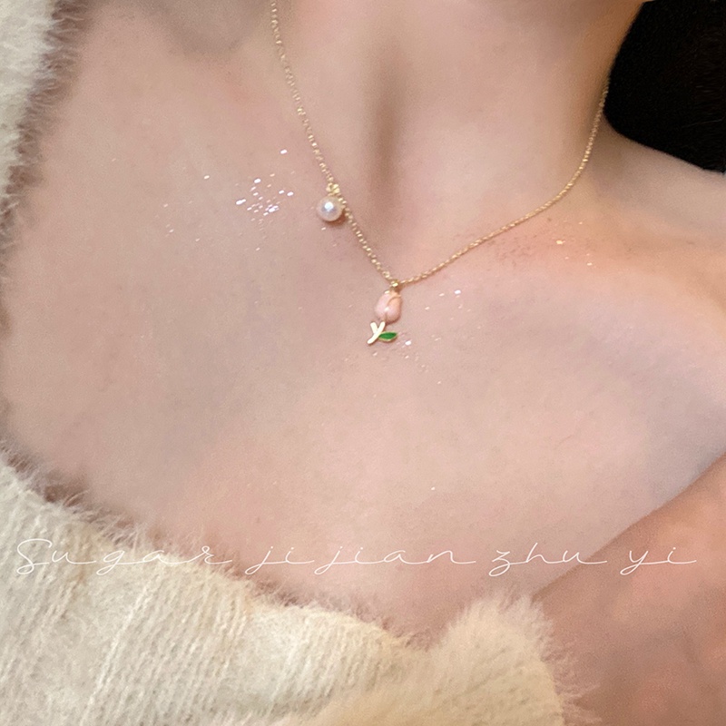สร้อยคอโชคเกอร์ จี้ดอกทิวลิป สีชมพู 17 กม. สําหรับเครื่องประดับ