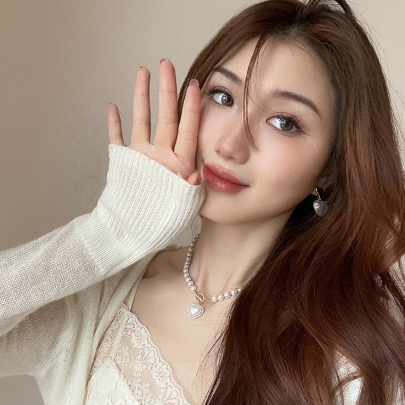 สร้อยคอโซ่ จี้หัวใจ ประดับมุก เพทาย เพชร สไตล์เกาหลี เครื่องประดับแฟชั่น สําหรับผู้หญิง