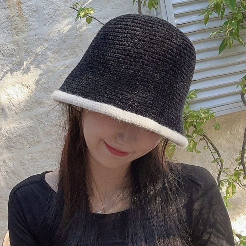 หมวกบักเก็ต หมวกไหมพรม มีขอบสี ทรงสวย สไตล์เกาหลี