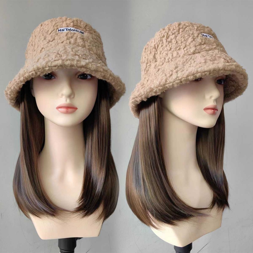 หมวกวิกผมกากี ผมยาวตรง 30cm ผมสีน้ำตาลเย็น ถอดไม่ได้ สวมใส่ง่าย