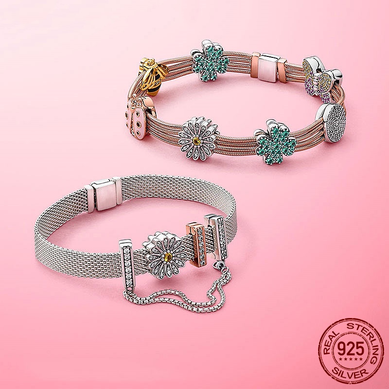 เครื่องประดับ กําไลข้อมือ เงิน 925 จี้รูปหัวใจ สีทอง 925 DIY