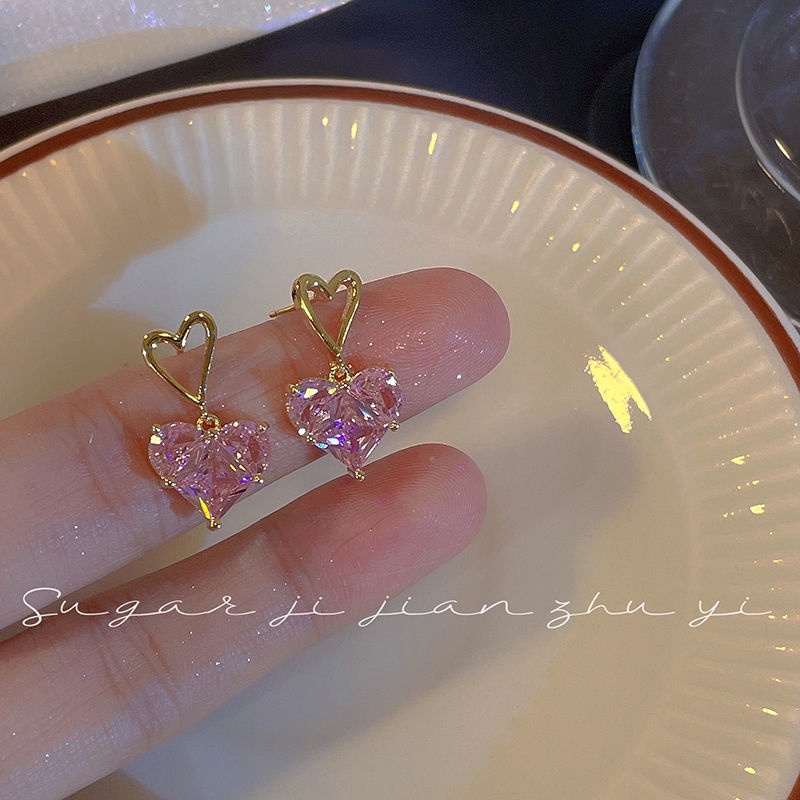 เครื่องประดับ สร้อยคอ ต่างหู จี้รูปหัวใจ ประดับเพทาย สีชมพู แฟชั่นสําหรับผู้หญิง