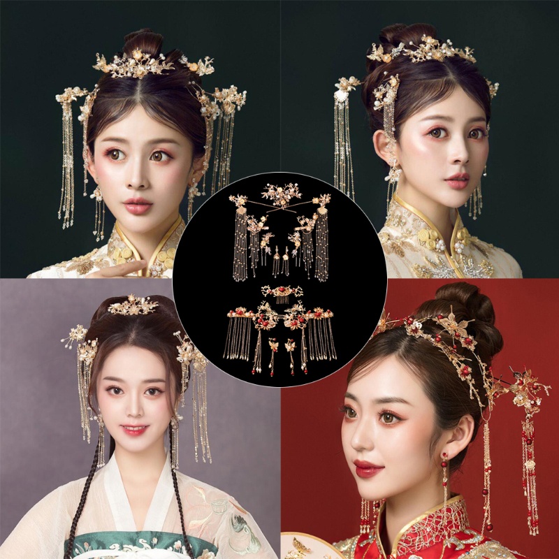 เครื่องประดับผมเจ้าสาวสีแดงสไตล์จีนย้อนยุคสําหรับผู้หญิง