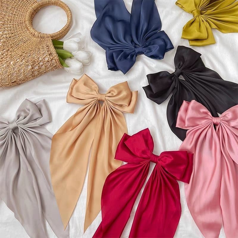 ใหม่ กิ๊บติดผมหางม้า ผ้าชีฟอง ประดับโบว์ ขนาดใหญ่ สีพื้น เหมาะกับฤดูร้อน สําหรับผู้หญิง