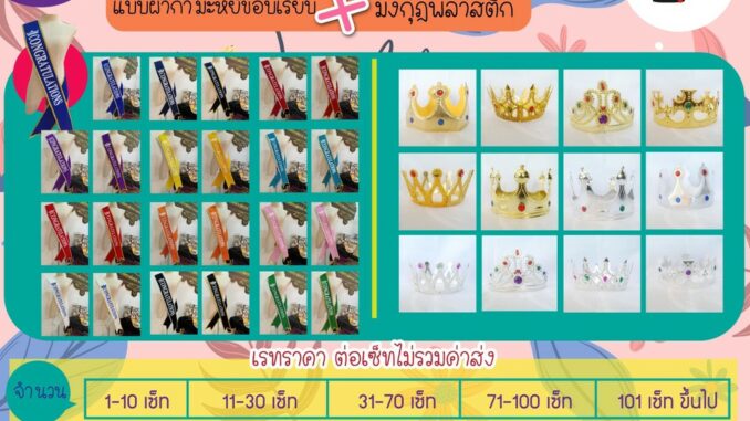Set สุดคุ้ม มงกุฎคู่สายสะพาย ผ้ากำมะหยี่ขอบเรียบ CONGRATULATIONS  + มงกุฎพลาสติก