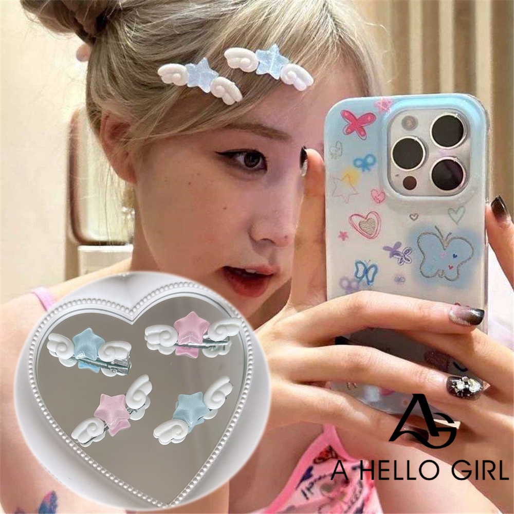 A HELLO GIRL กิ๊บติดผม ลายการ์ตูนปีกดาวน่ารัก สีชมพู สีฟ้า สีชมพู สําหรับเด็กผู้หญิง