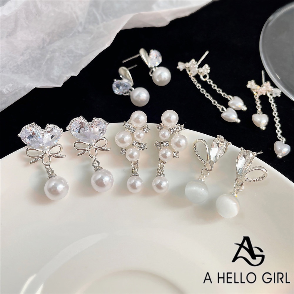 A HELLO GIRL ต่างหู รูปโบว์ ประดับเพทาย แบบเรียบง่าย สไตล์แฟรี่ สําหรับผู้หญิง