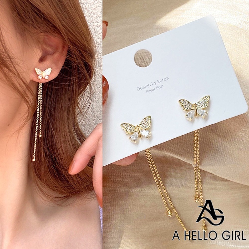 A HELLO GIRL ต่างหูพู่ยาว รูปผีเสื้อ สไตล์เกาหลี หวานแหวว เครื่องประดับแฟชั่น สําหรับผู้หญิง