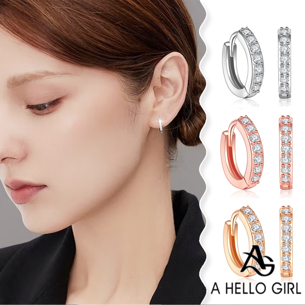 A HELLO GIRL ต่างหูห่วง ประดับเพชร แถวเดียว หรูหรา สไตล์เกาหลี ญี่ปุ่น สําหรับผู้หญิง