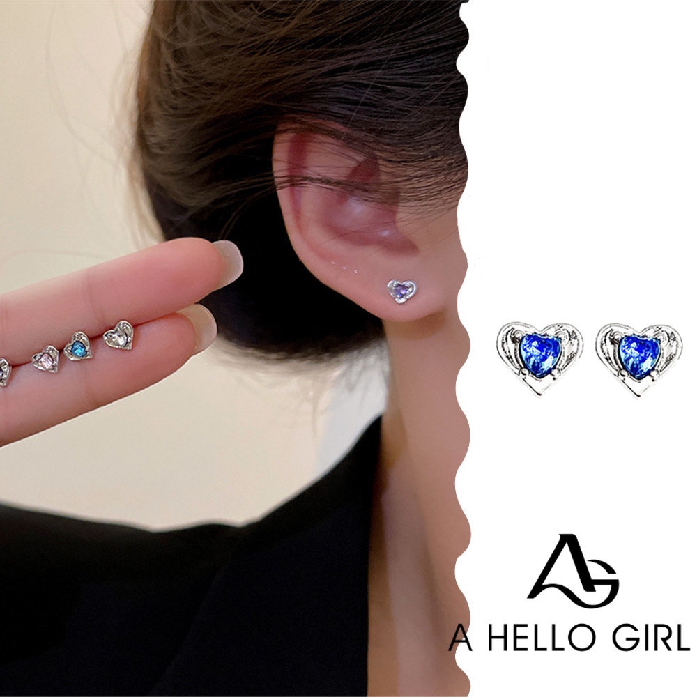A HELLO GIRL ต่างหูเข็มเงิน ประดับเพทาย รูปหัวใจ ขนาดเล็ก เรียบง่าย ไม่ต้องถอดออก สําหรับผู้หญิง