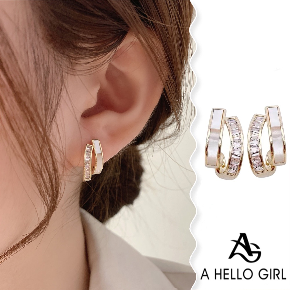 A HELLO GIRL ต่างหูเงิน เกรด S925 ประดับเพชร สองชั้น หรูหรา แบบเรียบง่าย สําหรับผู้หญิง