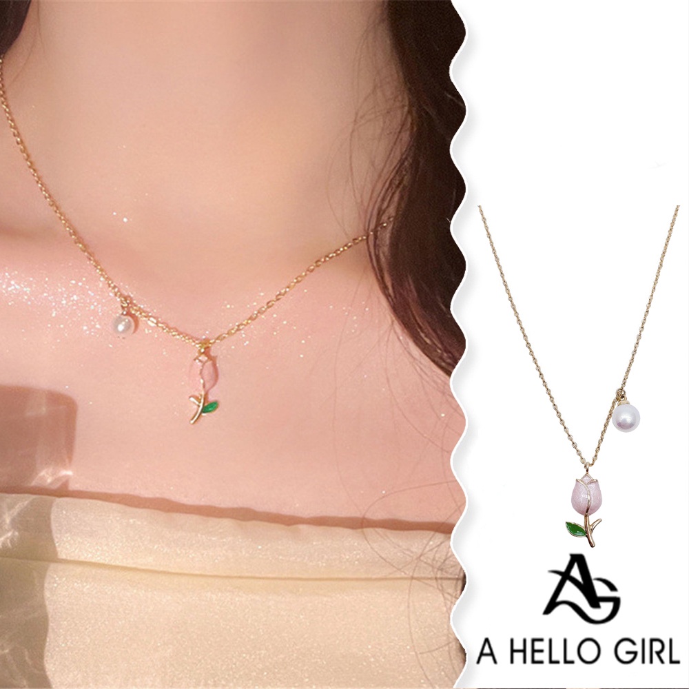 A HELLO GIRL สร้อยคอโซ่ จี้ลูกปัดทิวลิป ประดับไข่มุก หรูหรา แฟชั่นฤดูร้อน สําหรับผู้หญิง