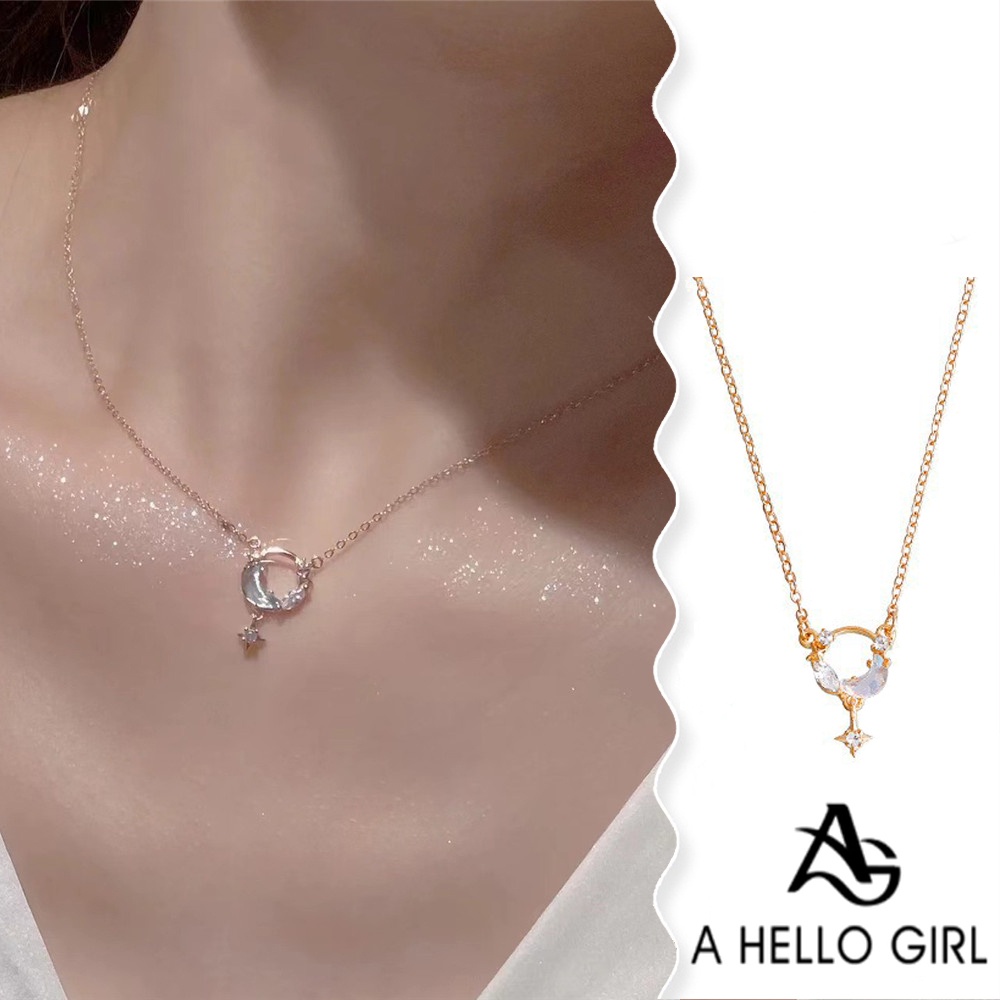 A HELLO GIRL สร้อยคอโซ่เงินแท้ เกรด 925 จี้รูปดาว และดวงจันทร์ หรูหรา เครื่องประดับ สําหรับผู้หญิง