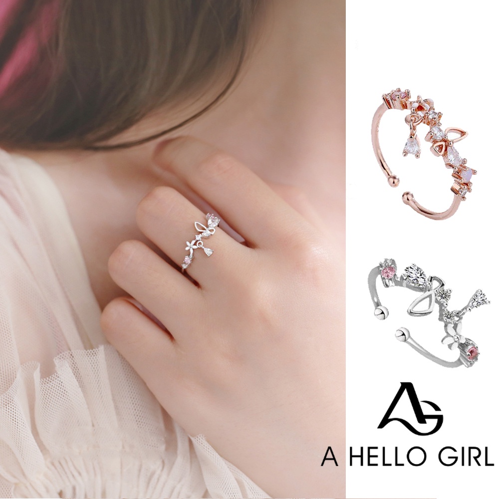 A HELLO GIRL แหวนแฟชั่น รูปหัวใจ ดอกไม้ ขนาดเล็ก สามารถปรับได้ เรียบง่าย สําหรับผู้หญิง
