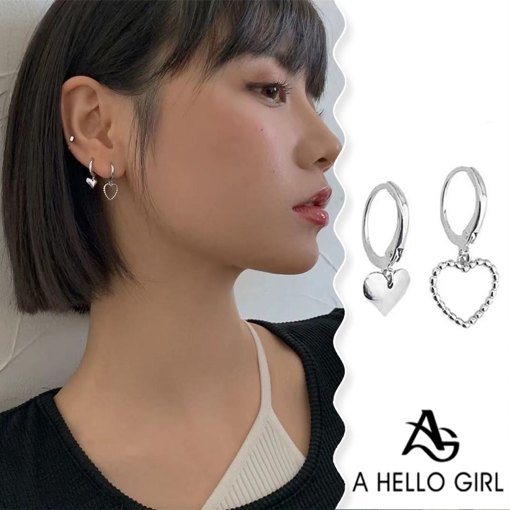 A HELLO GIRL ใหม่ ต่างหูสตั๊ด จี้รูปหัวใจ แบบกลวง ไม่สมมาตร ออกแบบดี สไตล์เรโทร สําหรับผู้หญิง
