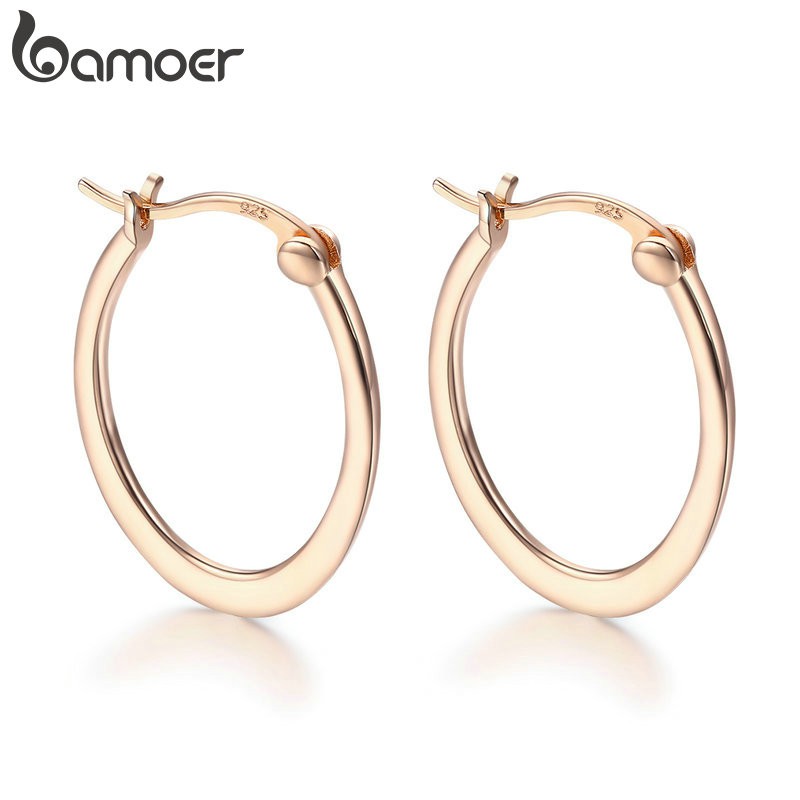 BAMOER ต่างหูห่วงเงินแท้ สีโรสโกลด์ เรียบง่าย