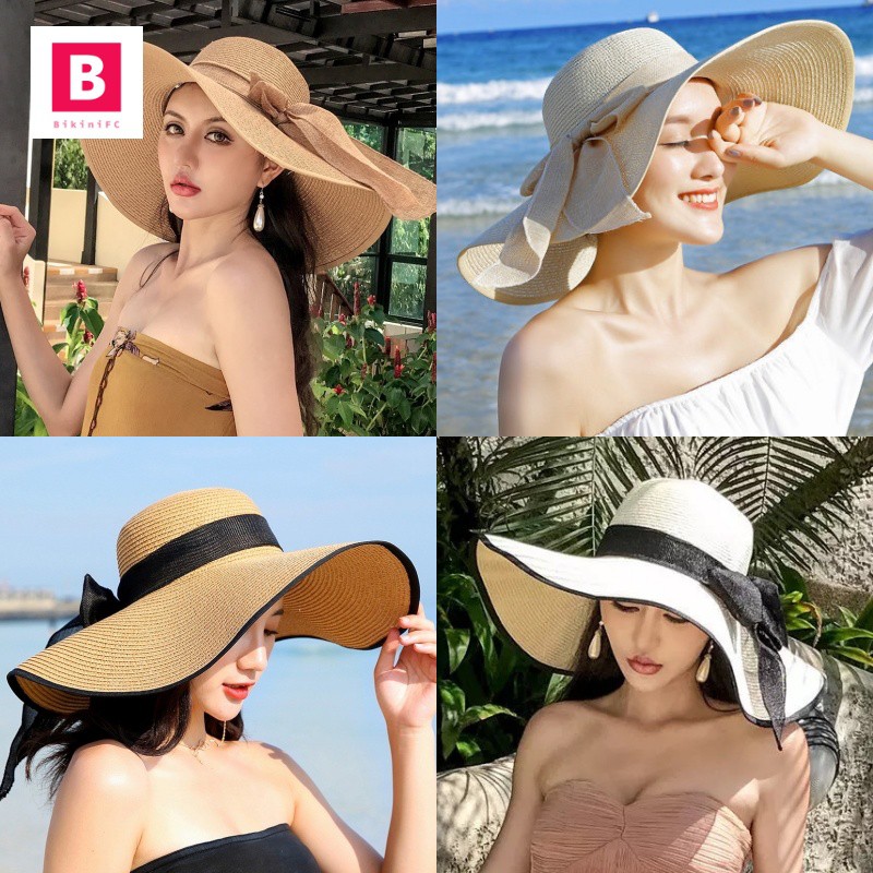 BikiniFC  SB149 หมวกชายหาด ปีกกว้าง กันแดด ผูกโบว์ มีสายรัด พับเก็บได้