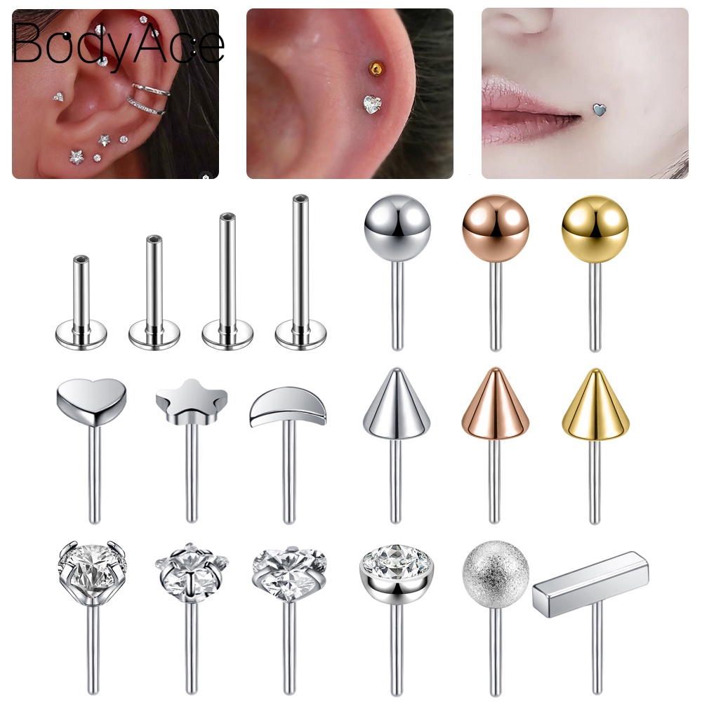Bodyace ต่างหู สเตนเลส เจาะริมฝีปาก รูปหัวใจ ดวงจันทร์ คริสตัล 16 กรัม 1 ชุด