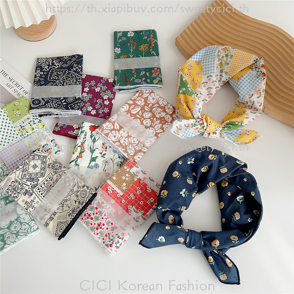 CICI ผ้าพันคอ ผ้าฝ้าย ทรงสี่เหลี่ยม ลายดอกไม้ อเนกประสงค์ สไตล์เกาหลี
