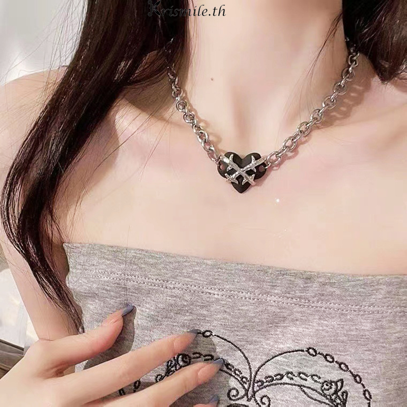 COD-ในไทย สร้อยคอ สีดำลายหัวใจ โซ่ไหปลาร้า Y2Kสไตล์ฮิปฮอป ผู้ชายและผู้หญิง เหมาะกับของขวัญ