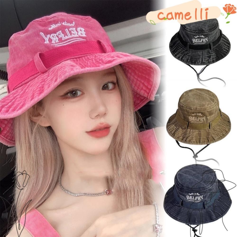 Camelli หมวกกันแดด หมวกคาวบอย หนังเทียม ปักลาย แฟชั่น สําหรับตกปลา ตั้งแคมป์กลางแจ้ง