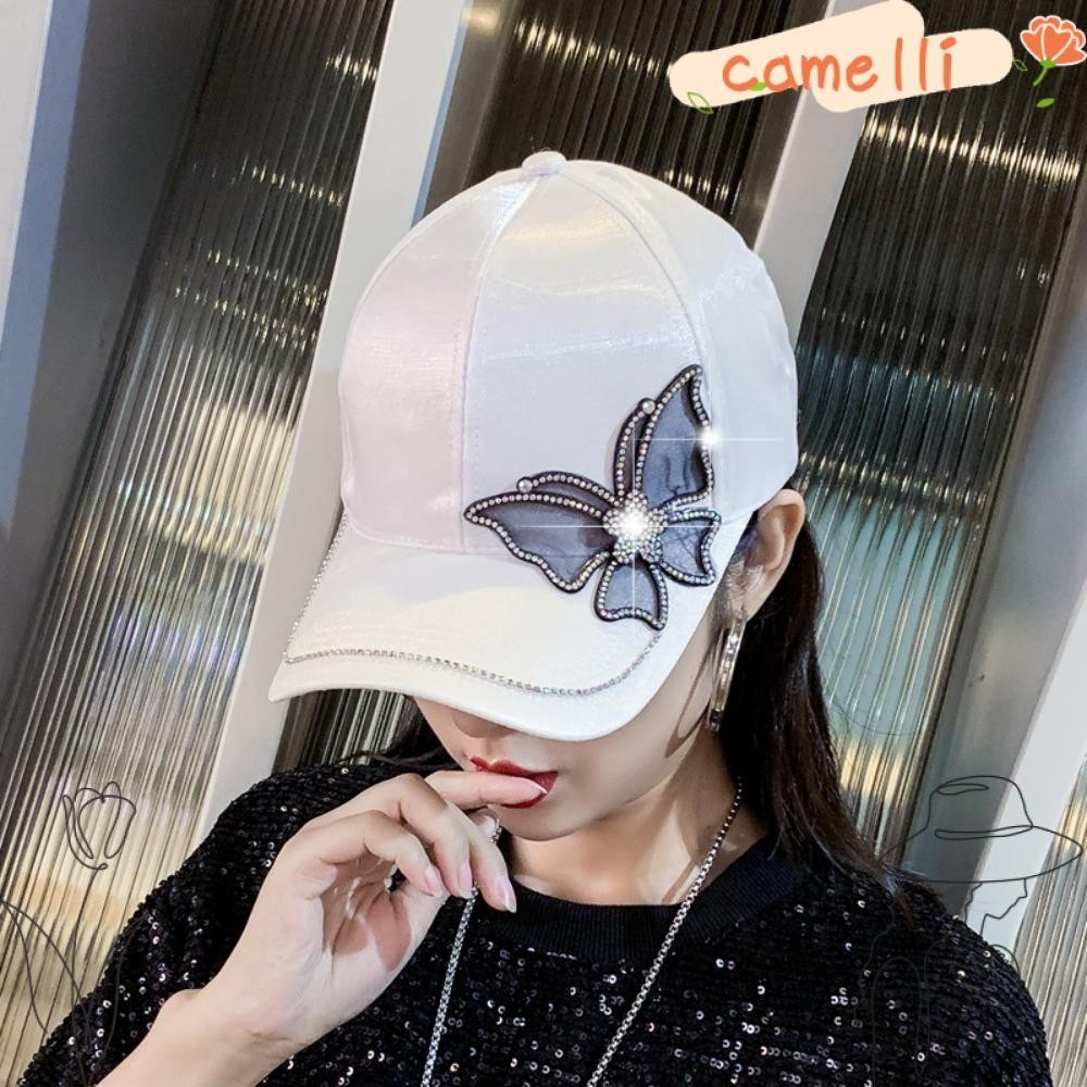 Camelli หมวกเบสบอล ลายผีเสื้อ ประดับเพชร ปรับขนาดได้ กันแสงแดด สไตล์ฮิปฮอป โฟร์ซีซั่น