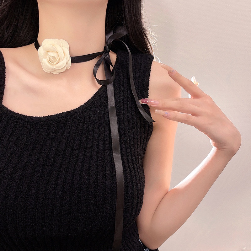 Camellia โช้คเกอร์ ประดับโบว์ ลายดอกไม้ สีขาว เครื่องประดับแฟชั่น
