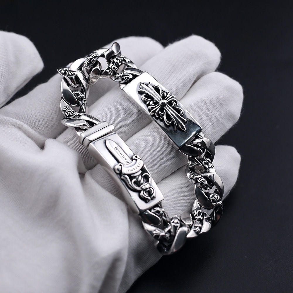 Chrome HEARTS สร้อยข้อมือเงินสเตอร์ลิง 925 แบบหนา ลายดอกไม้ สไตล์พังก์ ฮิปฮอป สตรีท เครื่องประดับ