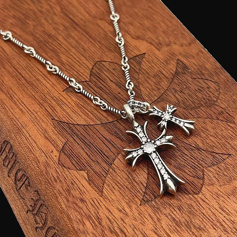 Chrome HEARTS สร้อยคอเงินสเตอร์ลิง 925 จี้ไม้กางเขนคู่ หรูหรา สไตล์พังก์ วินเทจ
