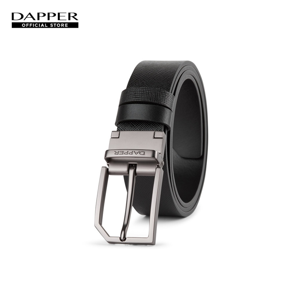 DAPPER เข็มขัดหนังแท้ Snip Corner Rectangle Pin Buckle Belt แบบใส่ได้ 2 ด้าน สีดำ (BBCB1/1286PN)