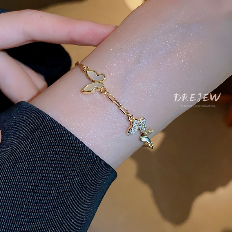 DREJEW สร้อยข้อมือแฟชั่น ทอง 18K ประดับเพทาย รูปผีเสื้อ น้ําหนักเบา หรูหรา คุณภาพสูง