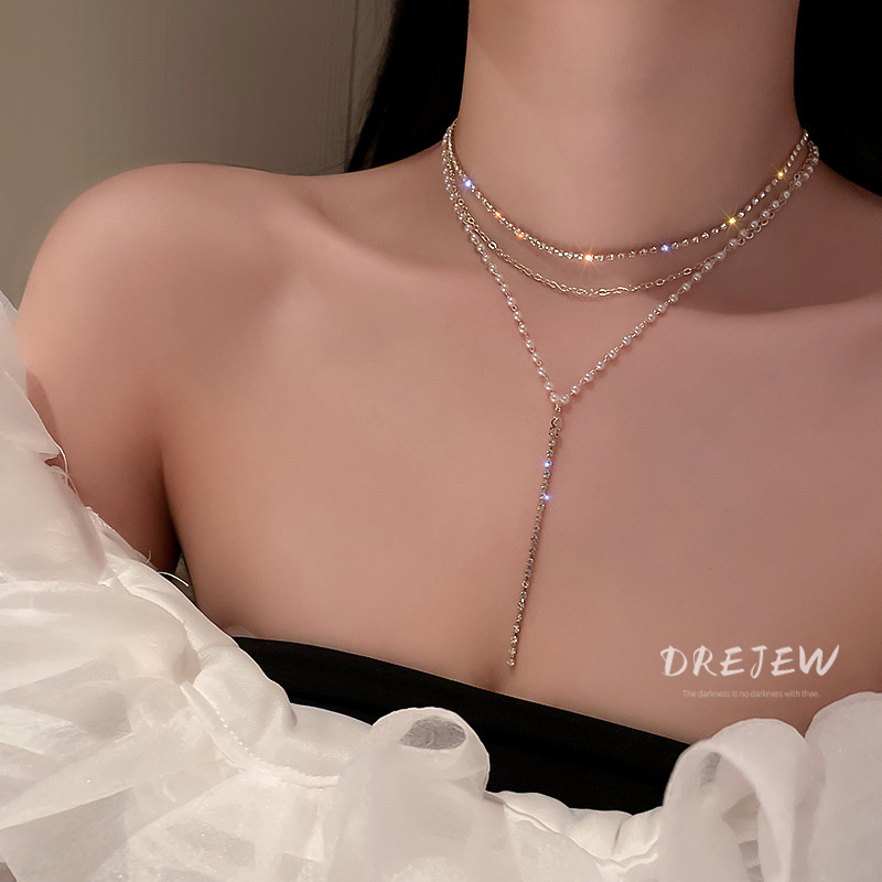 DREJEW แสงหรูหราอารมณ์หลายชั้นแฟลชเพชรสร้อยคอมุกรูปตัว Y โซ่กระดูกไหปลาร้าของผู้หญิง