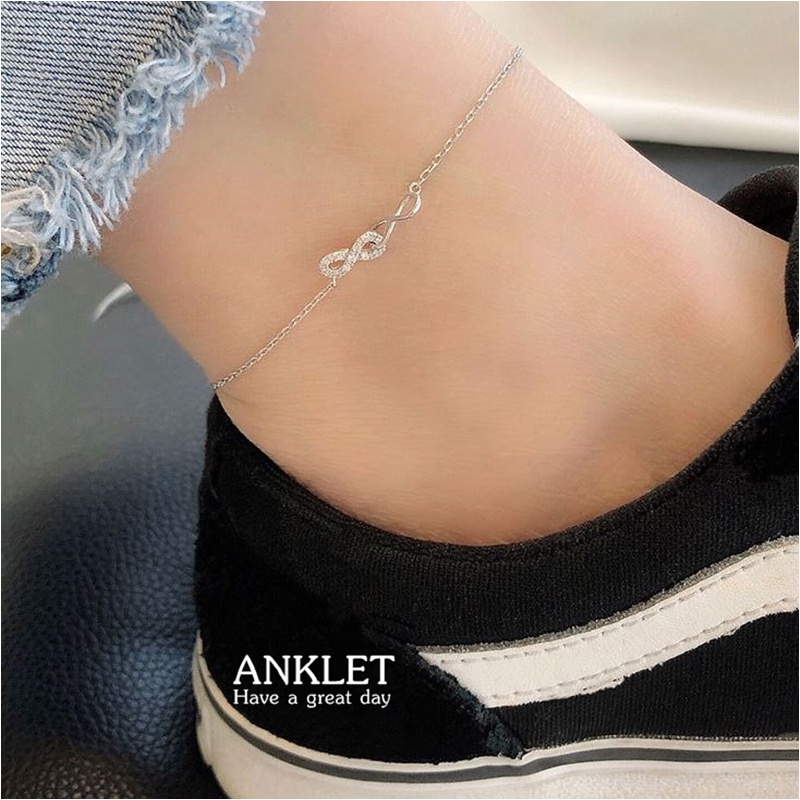 Double infinity A8 สร้อยข้อเท้าเงินแท้ 92.5% รูปทรงอินฟินิตี้คู่ ขนาดความยาว 18.5+5cm
