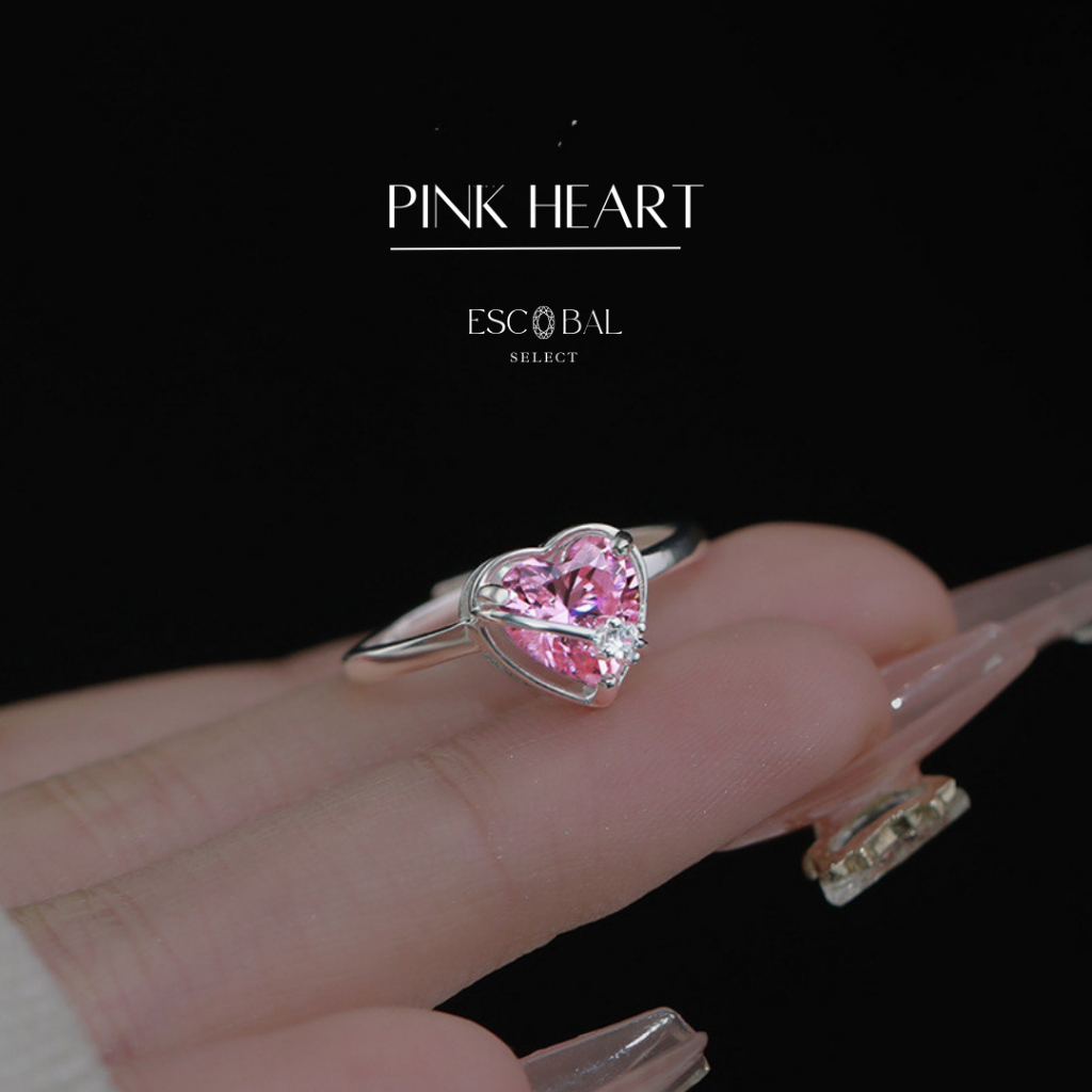 ESCOBAL ประสบความสำเร็จ พร้อมส่ง แหวนเงินแท้ Pink Heart  แหวนเพชรสีชมพู ขายดี สไตล์ใหม่ 2024 ไม่ลอกไม่ดำ