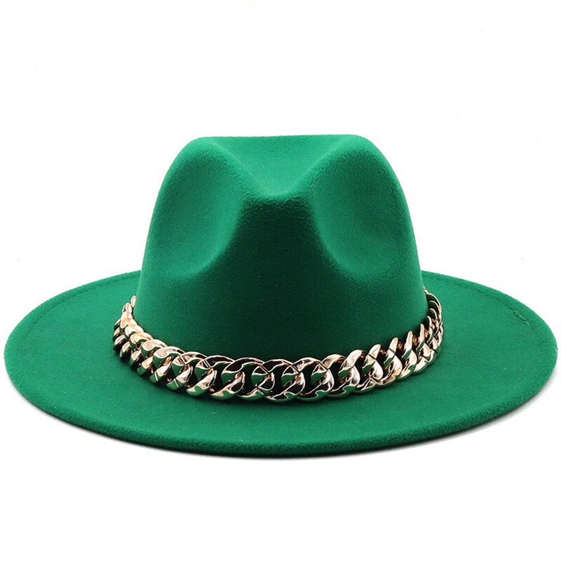 Fedora หมวกปีกกว้าง หนา สายโซ่ สีทอง แฟชั่นฤดูใบไม้ร่วง ฤดูหนาว สําหรับผู้หญิง และผู้ชาย