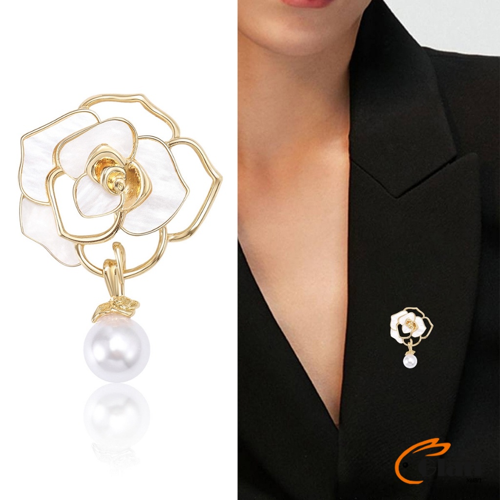 Glanxuan เข็มกลัด รูปดอกคามิเลีย ประดับมุก สไตล์เรโทร Camellia brooch