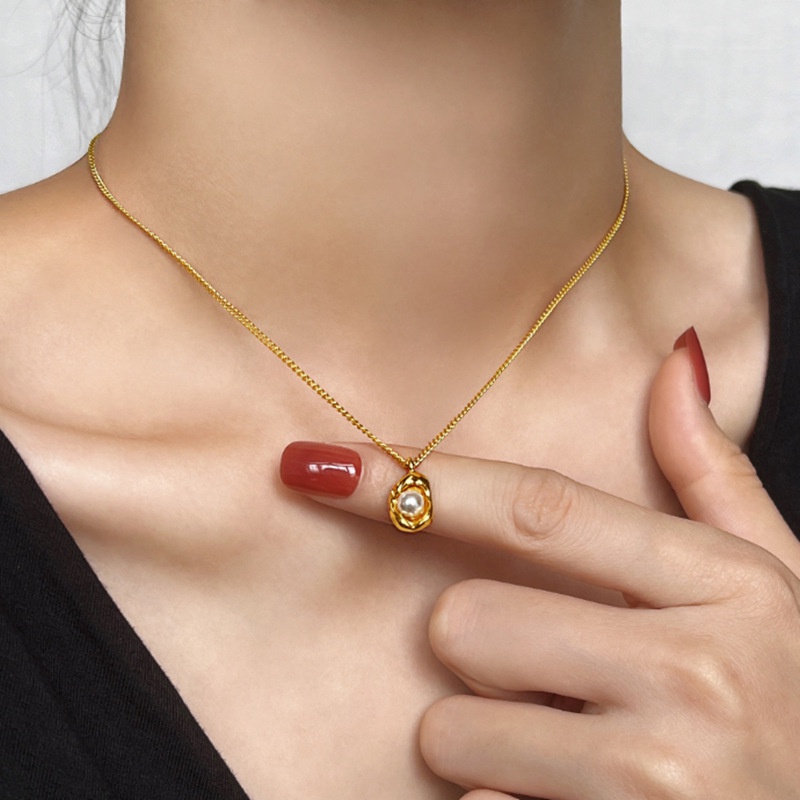 Ht สร้อยคอโซ่ เหล็กไทเทเนียม ชุบทอง 18k จี้ถั่วลิสง ไข่มุก ไม่จางหาย แฟชั่นสําหรับผู้หญิง