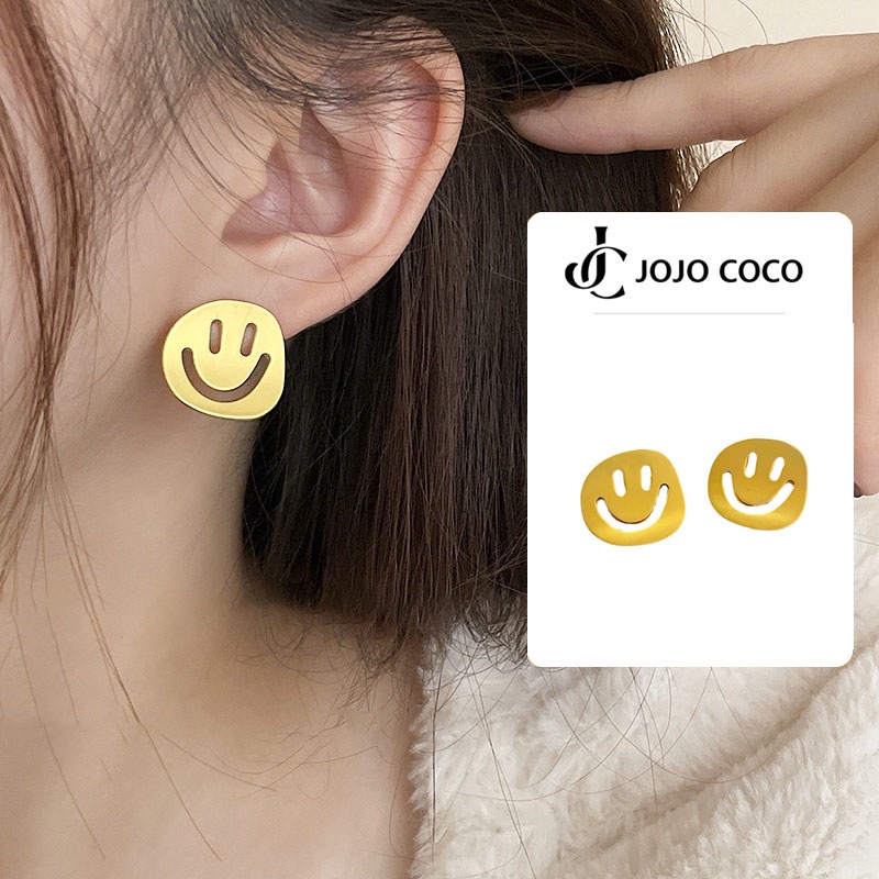 Jojo COCO ต่างหูเงิน 925 จี้รูปหัวใจ หน้ายิ้ม โลหะ กลวง เรียบง่าย ไฮเอนด์