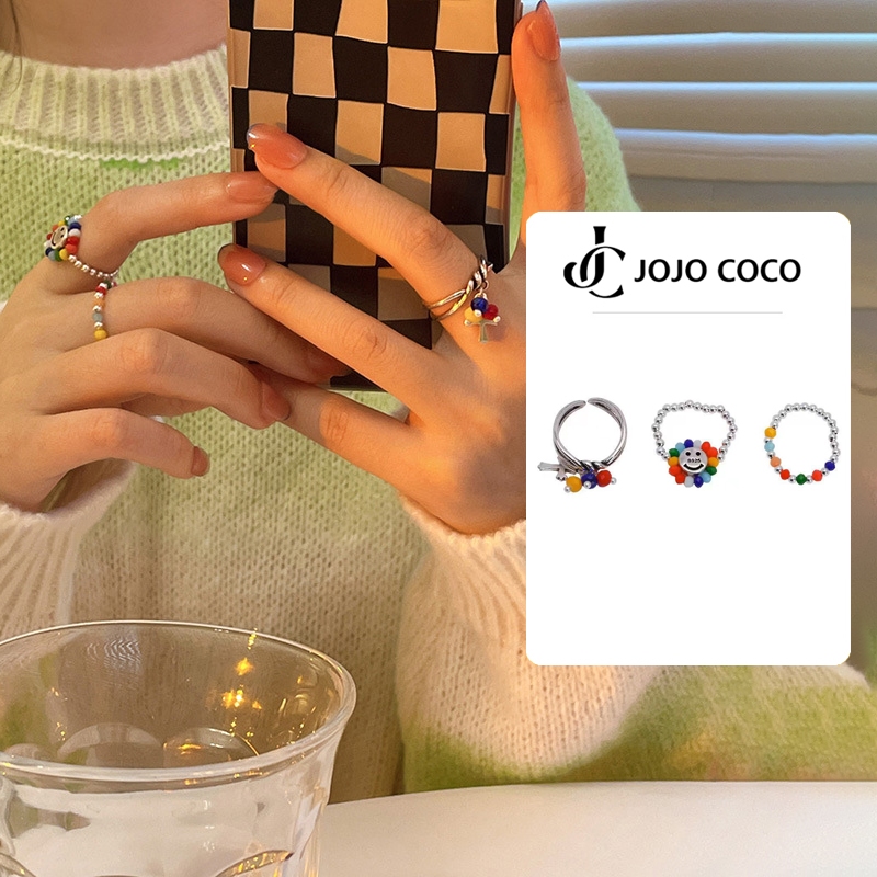 Jojo COCO ใหม่ แหวนแฟชั่นเกาหลี ประดับลูกปัดหน้ายิ้ม สีรุ้ง ปรับได้ สําหรับผู้หญิง