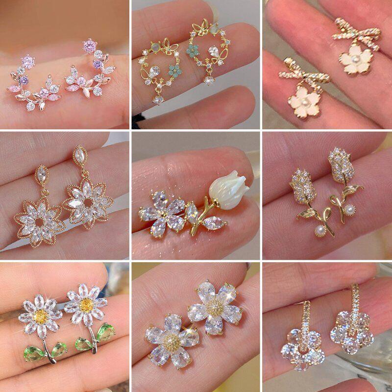Kroean ต่างหูเข็มเงิน 925 ประดับคริสตัล พลอยเทียม รูปดอกไม้ เครื่องประดับสตรี ของขวัญ