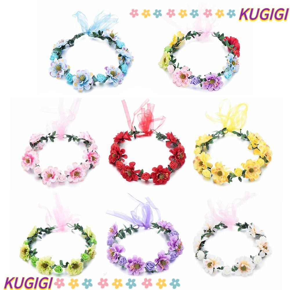 Kugigi มงกุฎดอกกุหลาบ ผู้หญิง ดอกไม้ ใบไม้ ที่คาดผม พร้อมริบบิ้นปรับได้ พวงหรีดดอกไม้