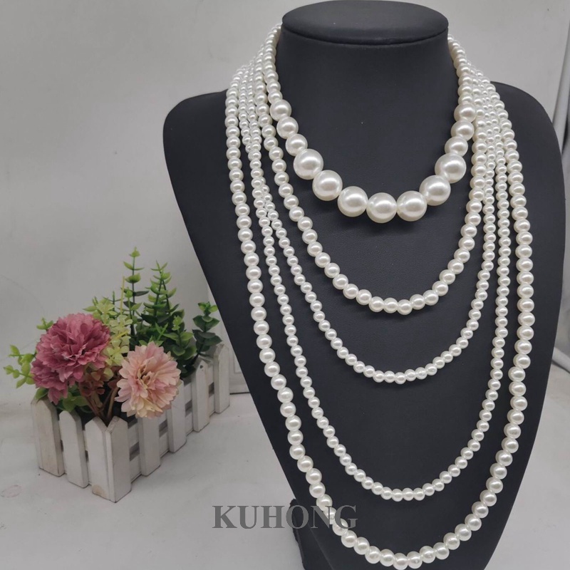 Kuhong คลาสสิก หลายชั้น จําลอง สร้อยคอมุก หรูหรา ลูกปัด สร้อยคอมุก