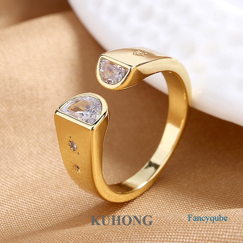 Kuhong แหวนแต่งงาน ประดับเพทาย ทรงเรขาคณิต สีทอง ปรับขนาดได้ แฟชั่นใหม่ สําหรับผู้หญิง
