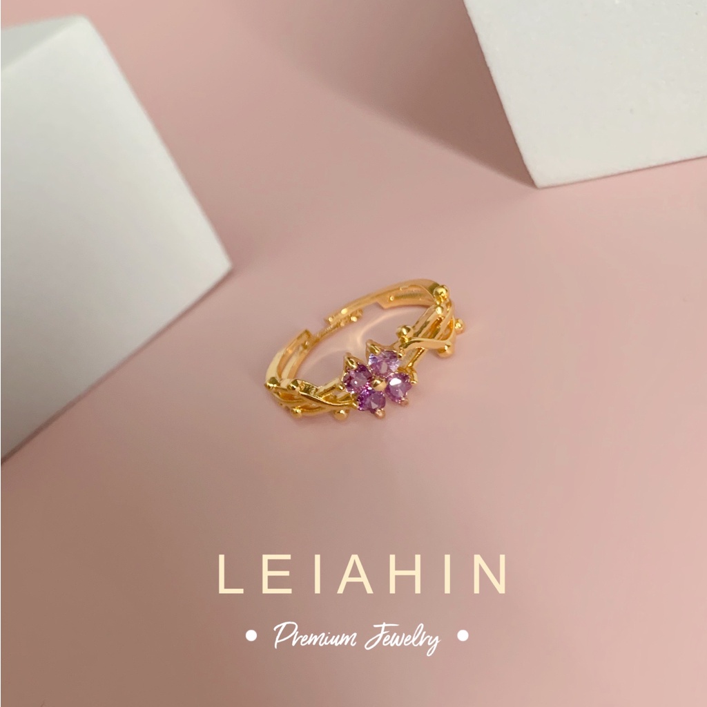 LEIAHIN แหวนแฟชั่น แหวนทอง 18k ประดับเพทาย สีม่วง ปรับได้ เครื่องประดับแฟชั่น สําหรับผู้หญิง