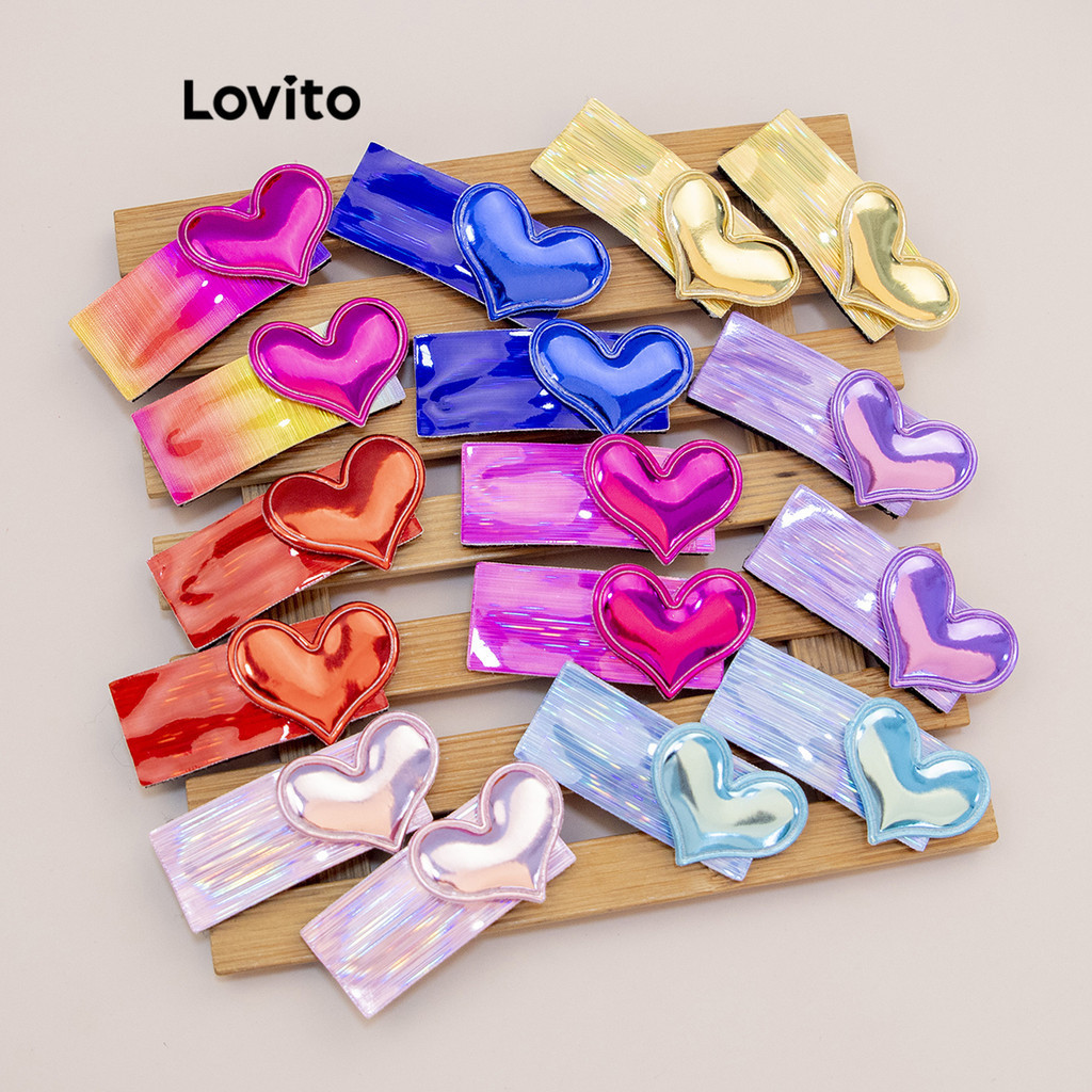 Lovito กิ๊บติดผมผู้หญิง ทรงสี่เหลี่ยม รูปหัวใจ สีมาการอง สไตล์ลำลอง LCS06557 8 ชิ้น