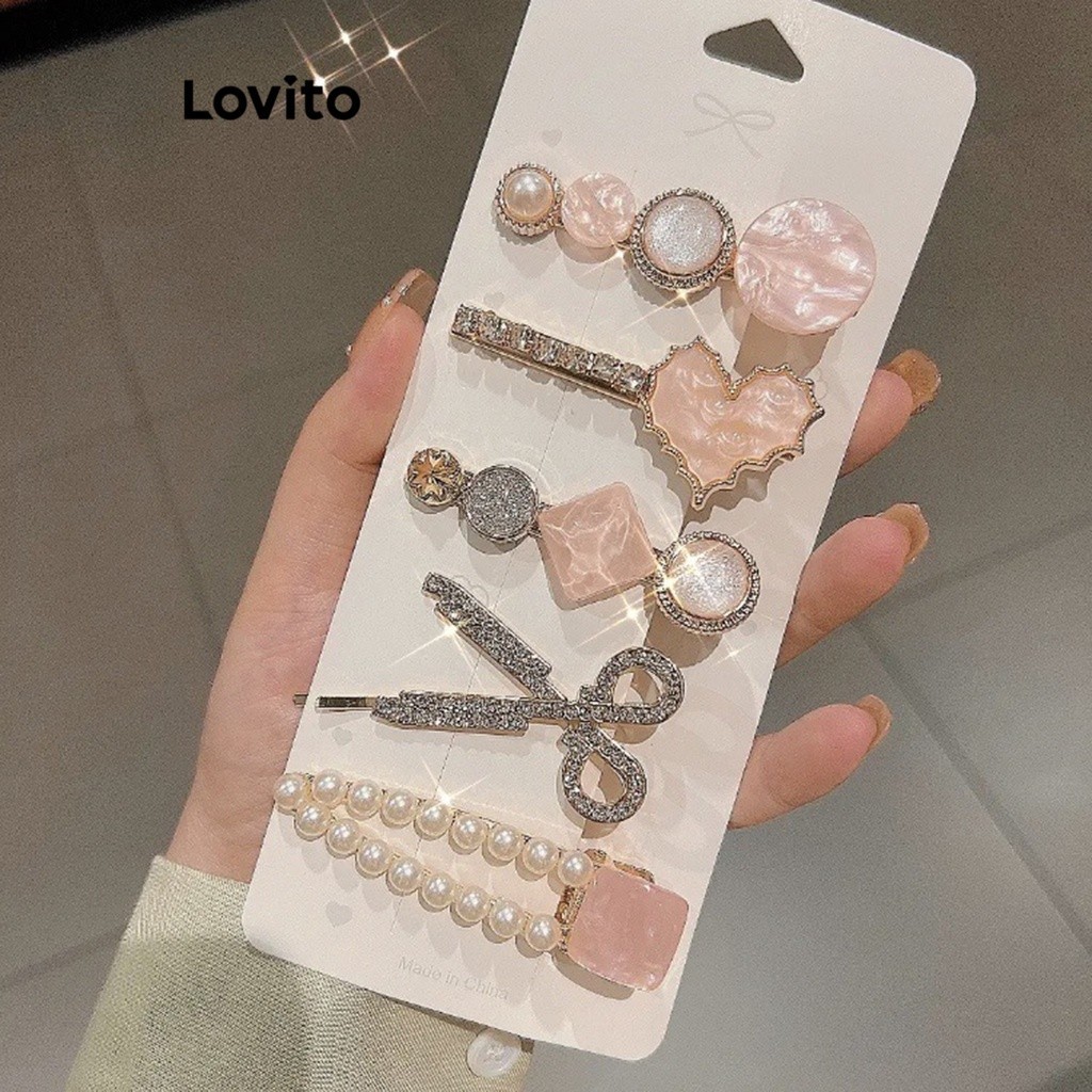 Lovito กิ๊บติดผมผู้หญิง แต่งพลอยเทียม ไข่มุก สไตล์ลำลอง LFA04145 (หลากสี)